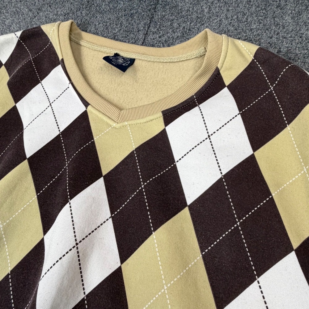 VTG Old Skool Mens 4XL Argyle Fleece Sweater Vest Tan Brown V-Neck 80s Pattern